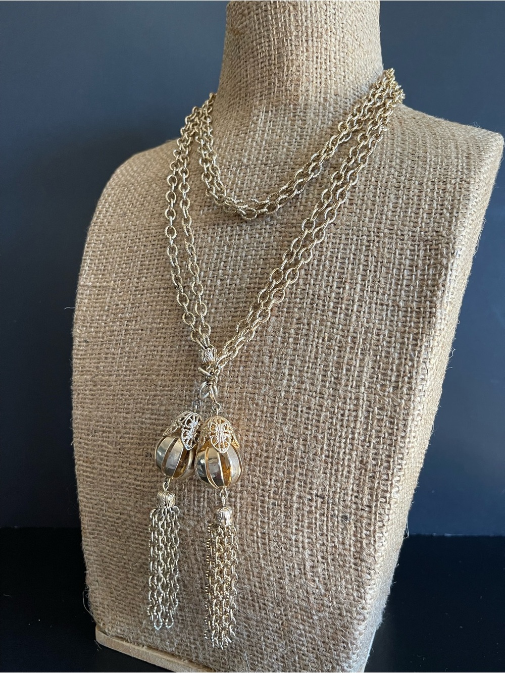 Vintage Gold-Tone Double Tassel Pendant Necklace .